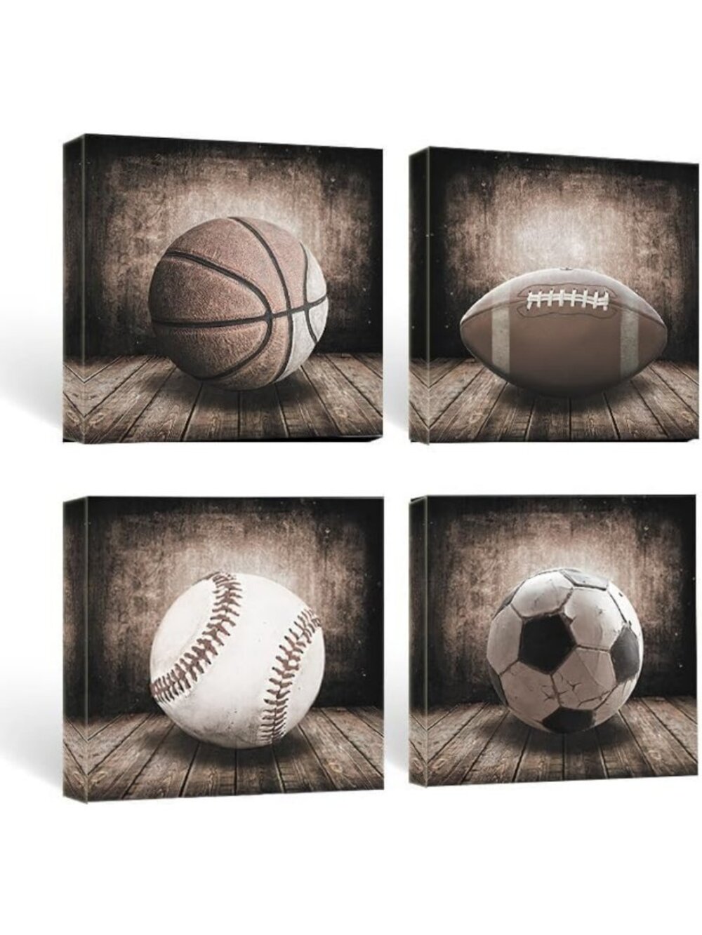 Rustic Sports Canvas Wall Art Set of 4 Framed Decor for Boys' Room, 16x16